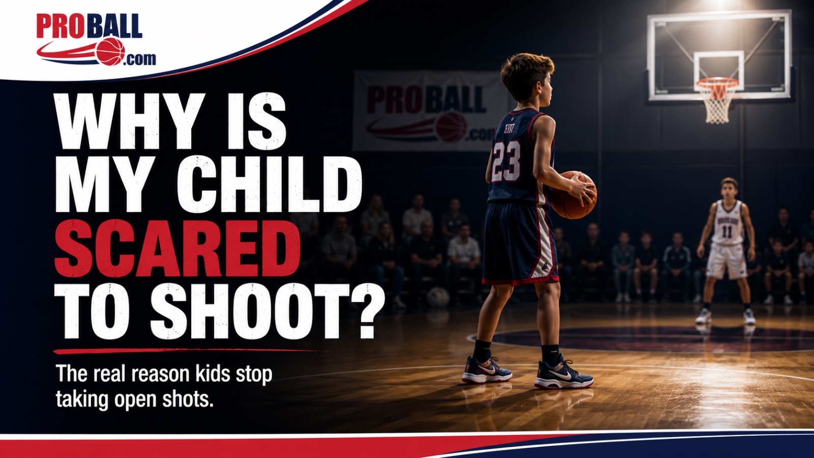 A young basketball player stands open with the ball but hesitates instead of shooting during a junior basketball game. The image represents the lack of confidence many children experience and explores how parents and coaches can help young players overcome the fear of making mistakes and develop confidence on the court.